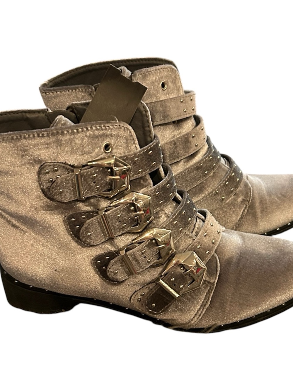 Velvet Buckle Ankle Boots in Taupe